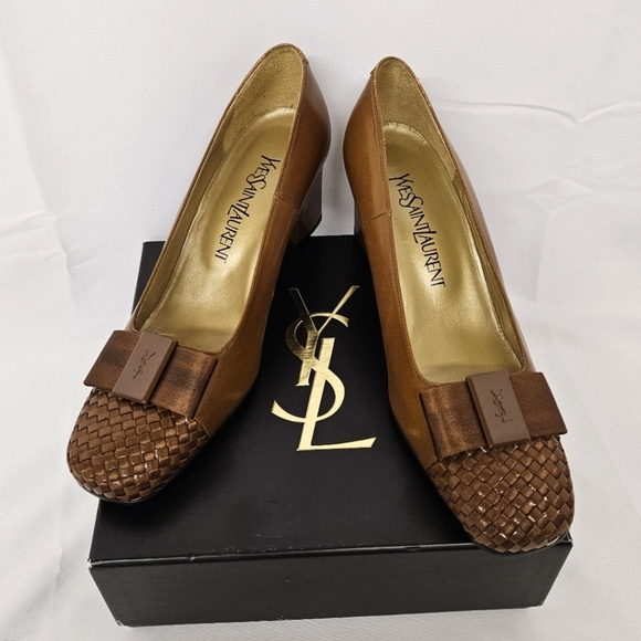 Yves Saint Laurent Woven Leather And Satin Bow Heels In Brown And Bronze Sz 6.5 - Picture 1 of 15